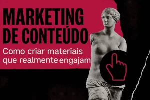 Arte visual sobre marketing de conteúdo com estátua clássica e elementos gráficos modernos em rosa e preto.