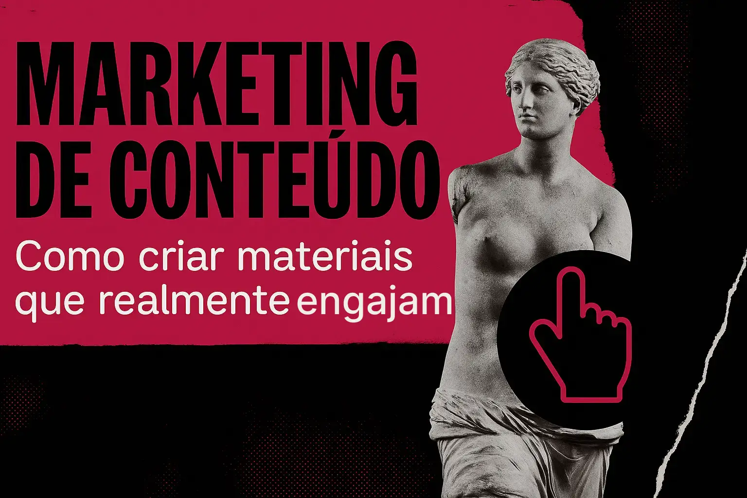 Arte visual sobre marketing de conteúdo com estátua clássica e elementos gráficos modernos em rosa e preto.