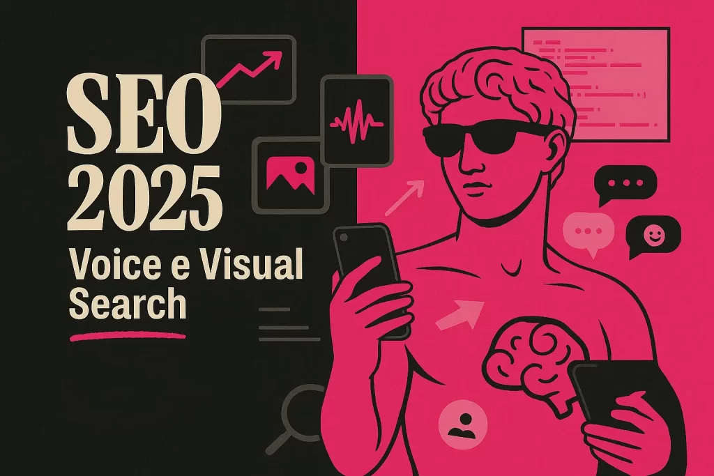 SEO 2025 Voice e Visual Search com elementos de busca por voz e imagem em colagem digital nas cores da YLT