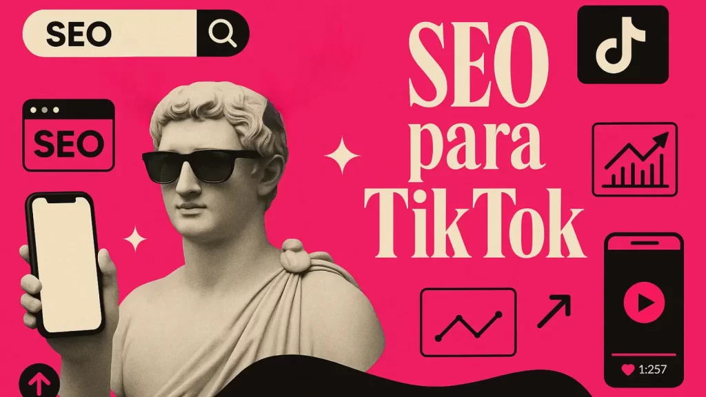 Estátua com óculos segurando celular, ícones de SEO e TikTok sobre fundo rosa e preto, com o título "SEO para TikTok".