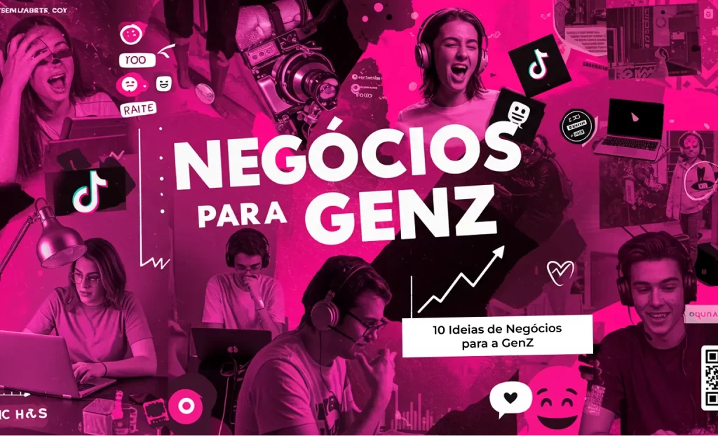 Colagem digital em rosa e preto com jovens da GenZ empreendendo online, com elementos visuais como gráficos, emojis, computadores e ícones de redes sociais.