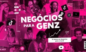 Colagem digital em rosa e preto com jovens da GenZ empreendendo online, com elementos visuais como gráficos, emojis, computadores e ícones de redes sociais.