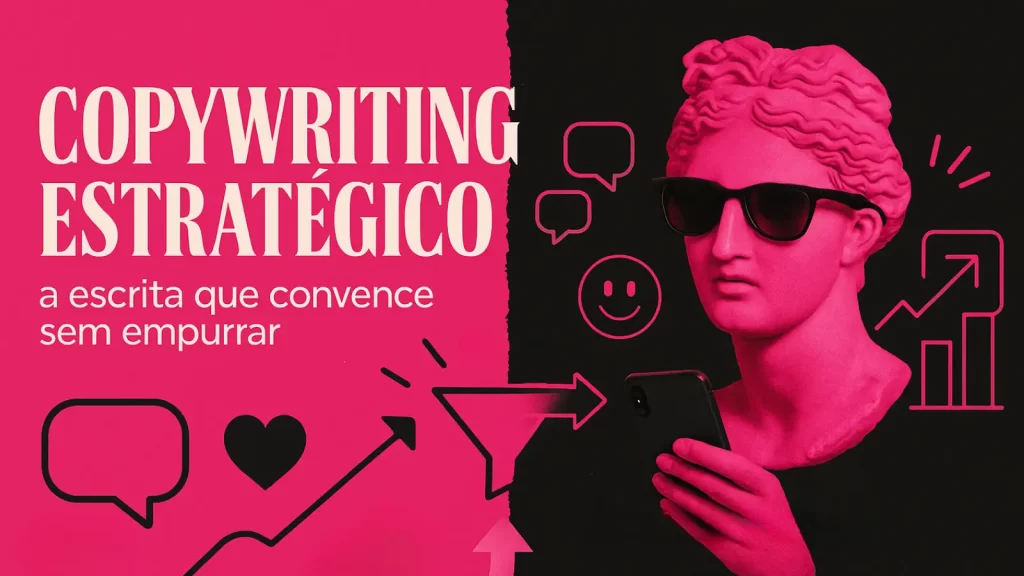Estátua clássica segurando celular, representando copywriting estratégico com elementos de marketing digital em rosa e preto.