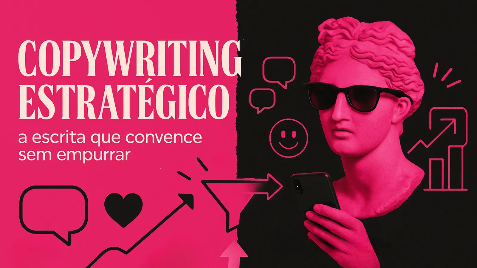 Estátua clássica segurando celular, representando copywriting estratégico com elementos de marketing digital em rosa e preto.