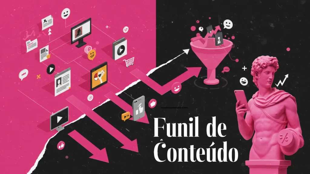 Funil de conteúdo ilustrado com estátua clássica, setas, telas digitais e ícones representando a jornada do lead até a venda