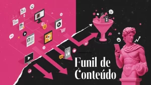 Funil de conteúdo ilustrado com estátua clássica, setas, telas digitais e ícones representando a jornada do lead até a venda