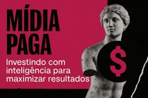 Arte digital com busto clássico e título “Mídia Paga: Investindo com inteligência para maximizar resultados” nas cores rosa e preto da Agência YLT.