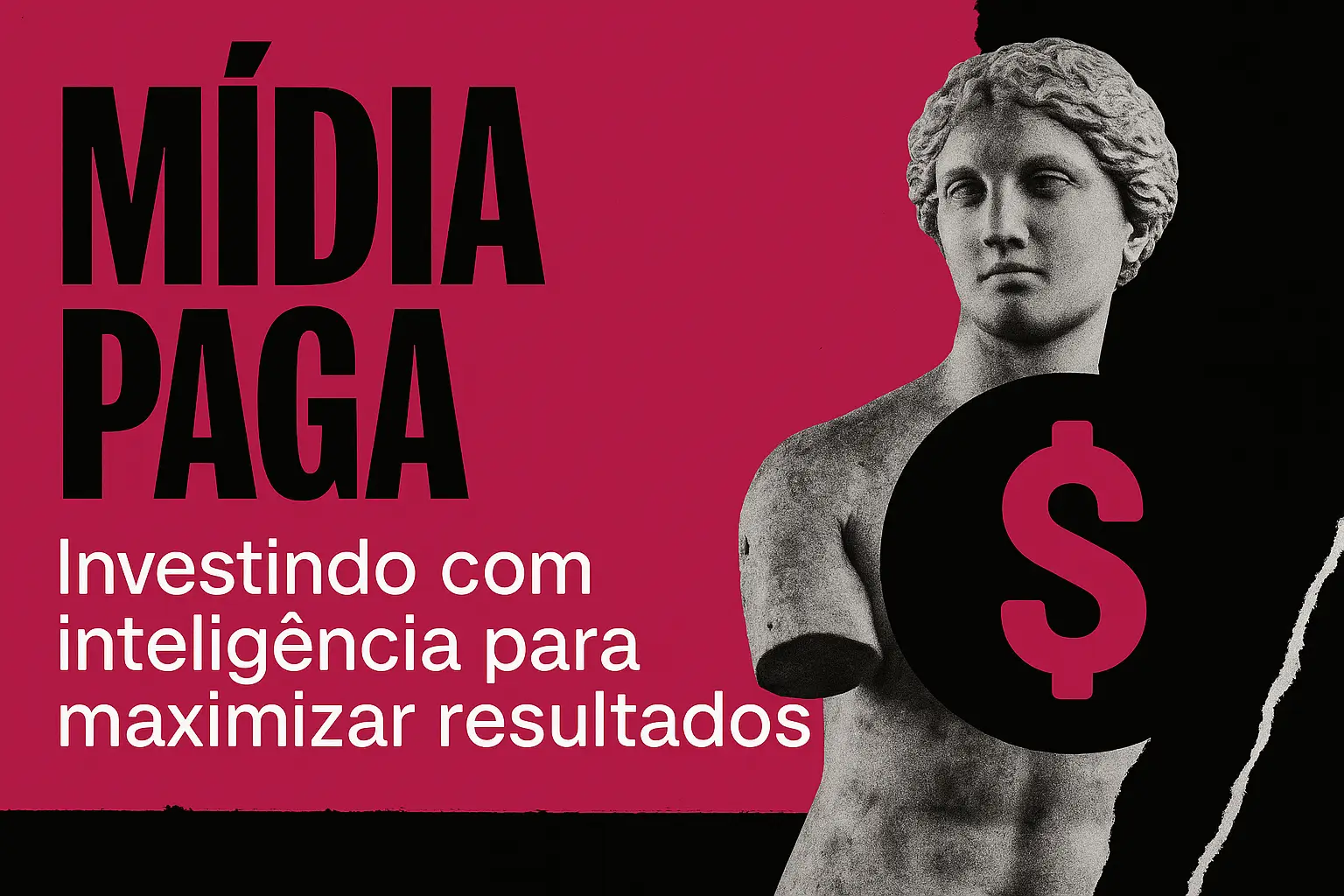 Arte digital com busto clássico e título “Mídia Paga: Investindo com inteligência para maximizar resultados” nas cores rosa e preto da Agência YLT.