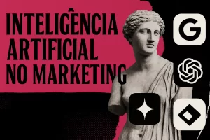 Colagem digital com estátua clássica e ícones de IA como ChatGPT, Gemini e ImageFX, em composição visual moderna nas cores rosa #c62075 e preto, representando o uso de inteligência artificial no marketing.
