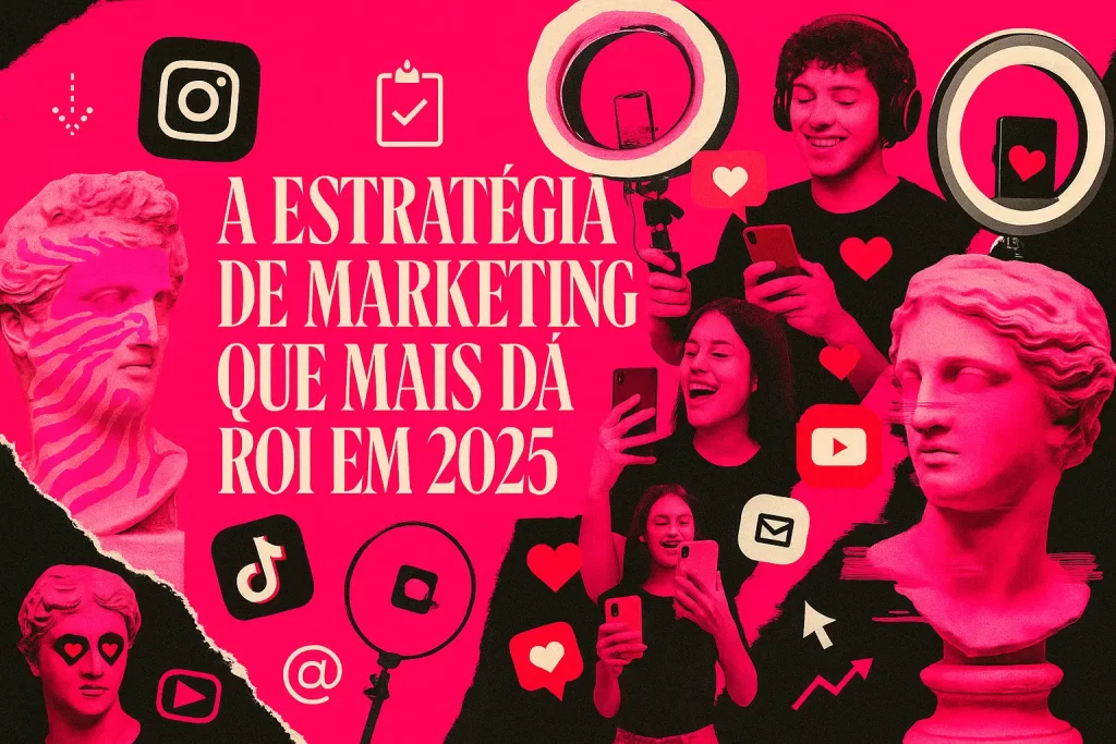 Microinfluenciadores criando conteúdo com estética moderna rosa e preta, representando a estratégia de marketing com maior ROI em 2025.
