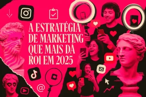 Microinfluenciadores criando conteúdo com estética moderna rosa e preta, representando a estratégia de marketing com maior ROI em 2025.