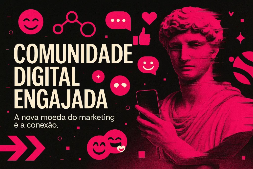 Comunidade digital representada por colagem em rosa e preto com estátua estoica segurando celular e ícones de engajamento online.