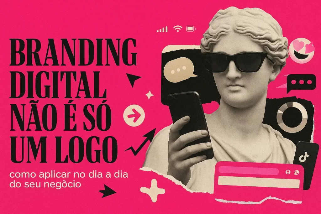 Imagem ilustrativa de branding digital com escultura clássica usando óculos e celular, elementos gráficos modernos e fundo rosa vibrante.