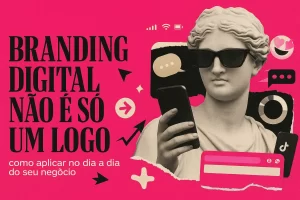 Imagem ilustrativa de branding digital com escultura clássica usando óculos e celular, elementos gráficos modernos e fundo rosa vibrante.