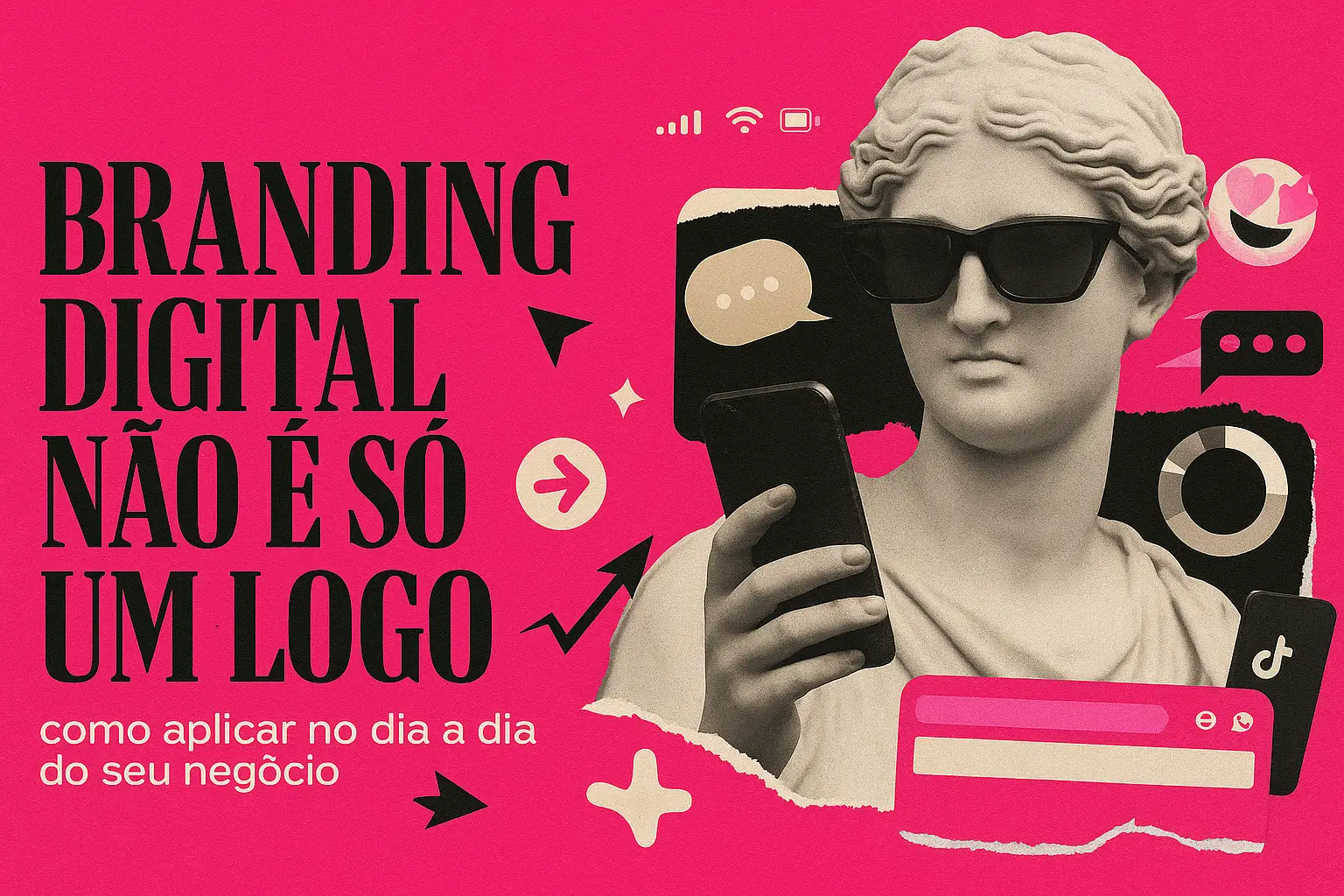 Imagem ilustrativa de branding digital com escultura clássica usando óculos e celular, elementos gráficos modernos e fundo rosa vibrante.