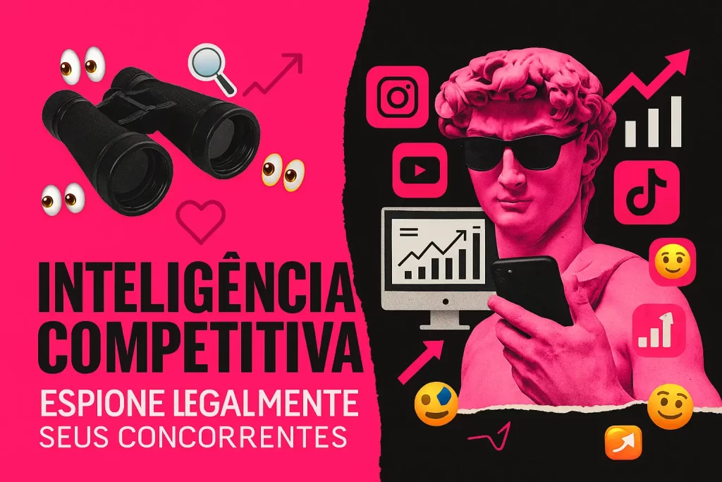 Estátua segurando celular ao lado de gráficos e ícones de redes sociais, representando inteligência competitiva