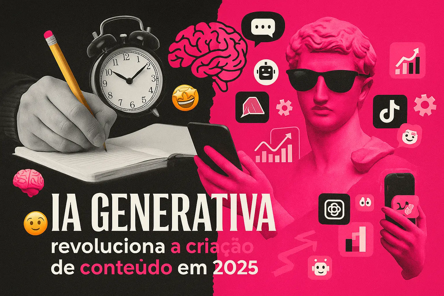 Imagem com colagem moderna sobre IA generativa, mostrando transição da escrita manual para tecnologia com elementos em rosa e preto