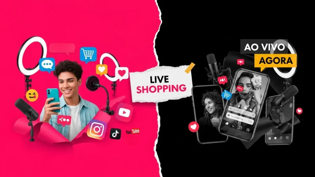 Influenciadores fazendo live shopping em plataformas como Instagram e TikTok com elementos visuais de social commerce