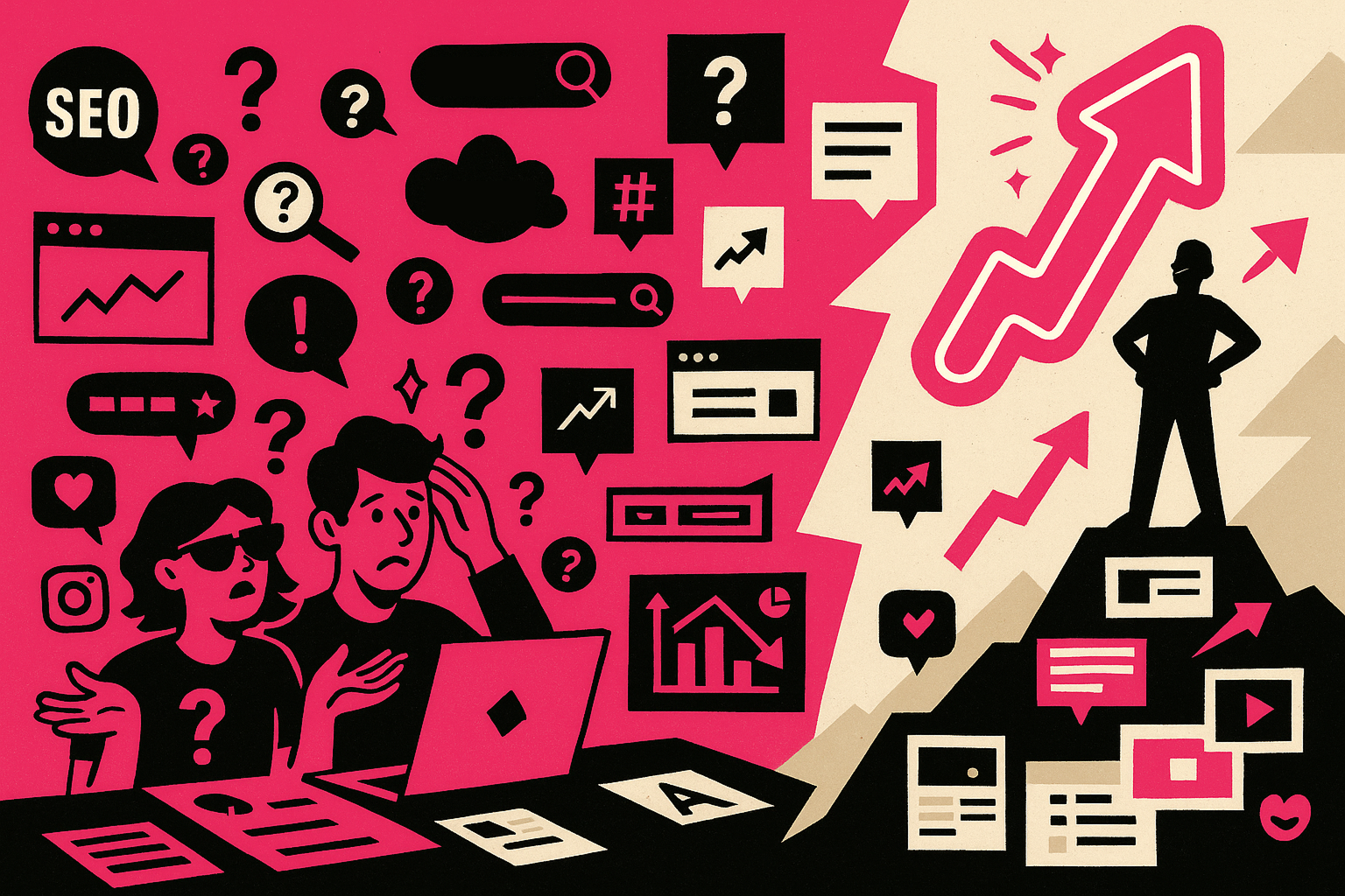 Profissionais confusos com SEO enquanto uma figura alcança o topo usando estratégias inteligentes em 2025