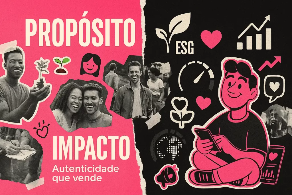 Ilustração sobre propósito e impacto com elementos de ESG, autenticidade, crescimento e conexão humana