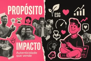 Ilustração sobre propósito e impacto com elementos de ESG, autenticidade, crescimento e conexão humana
