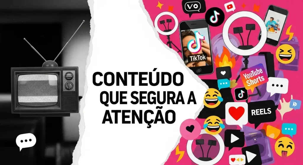 Arte comparando televisão tradicional com plataformas de vídeo social como TikTok, YouTube Shorts e Reels, com a frase "Conteúdo que segura a atenção"