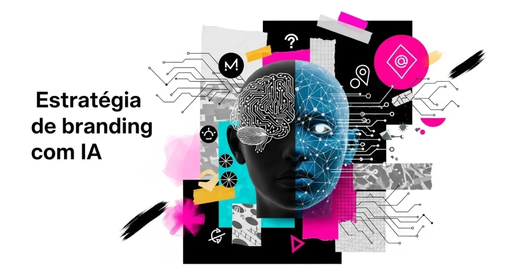 Arte digital mostrando o uso de inteligência artificial em estratégia de branding com estética moderna e criativa