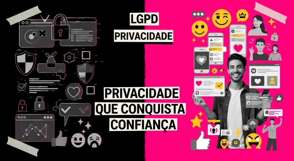 Arte visual com colagem sobre privacidade digital, LGPD e confiança do público no marketing — contraste entre dados protegidos e transparência.