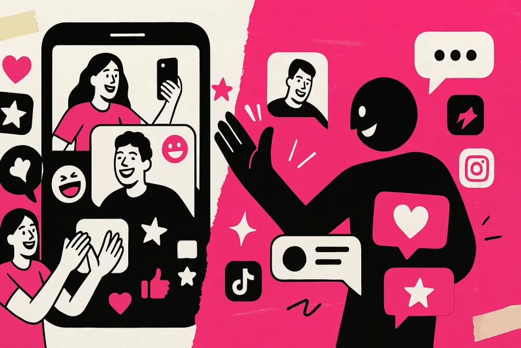 Ilustração de marca interagindo com conteúdo gerado por usuários nas redes sociais, representando engajamento e autenticidade