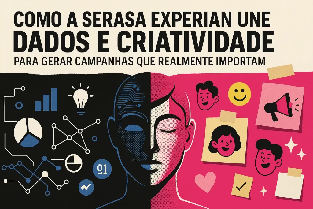 Ilustração mostrando como dados e criatividade se unem em campanhas de marketing, com cores rosa e preto e estilo moderno da YLT