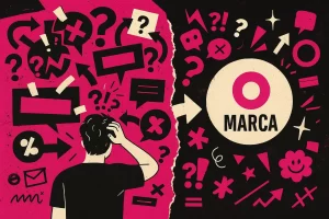 Homem confuso diante de símbolos caóticos ao lado de um símbolo de marca claro, representando falta de posicionamento e clareza de marca
