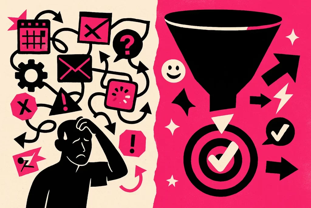 Ilustração mostrando confusão com funil de marketing ineficiente à esquerda e funil simples e eficiente gerando conversão à direita