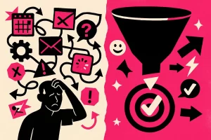 Ilustração mostrando confusão com funil de marketing ineficiente à esquerda e funil simples e eficiente gerando conversão à direita