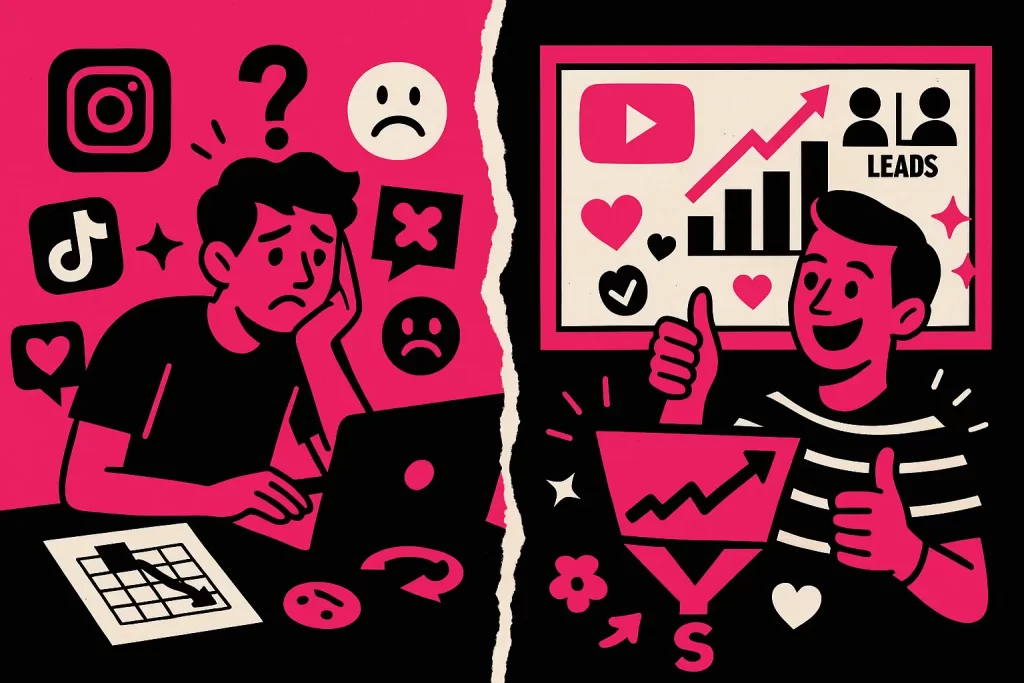Empreendedor frustrado com redes sociais e outro feliz com resultados no YouTube, representando contraste de estratégias digitais.
