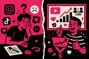 Empreendedor frustrado com redes sociais e outro feliz com resultados no YouTube, representando contraste de estratégias digitais.