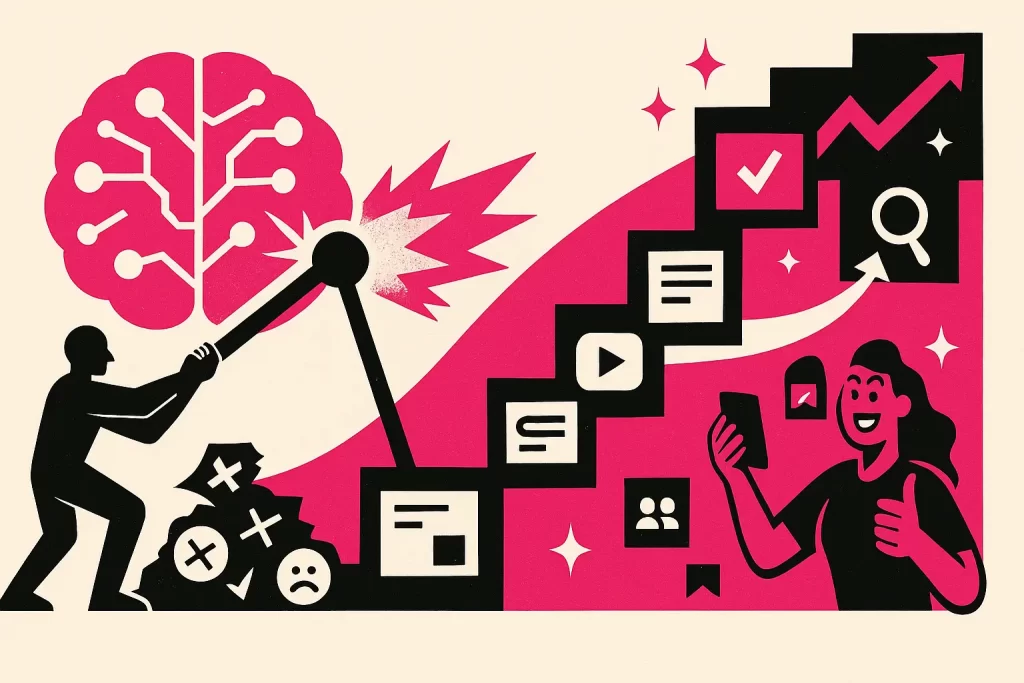 Estrategista aciona alavanca ligada a um cérebro de IA que impulsiona uma escada de blocos de conteúdo com setas e checkmarks, mostrando crescimento com IA generativa nas cores #c62075 e preto