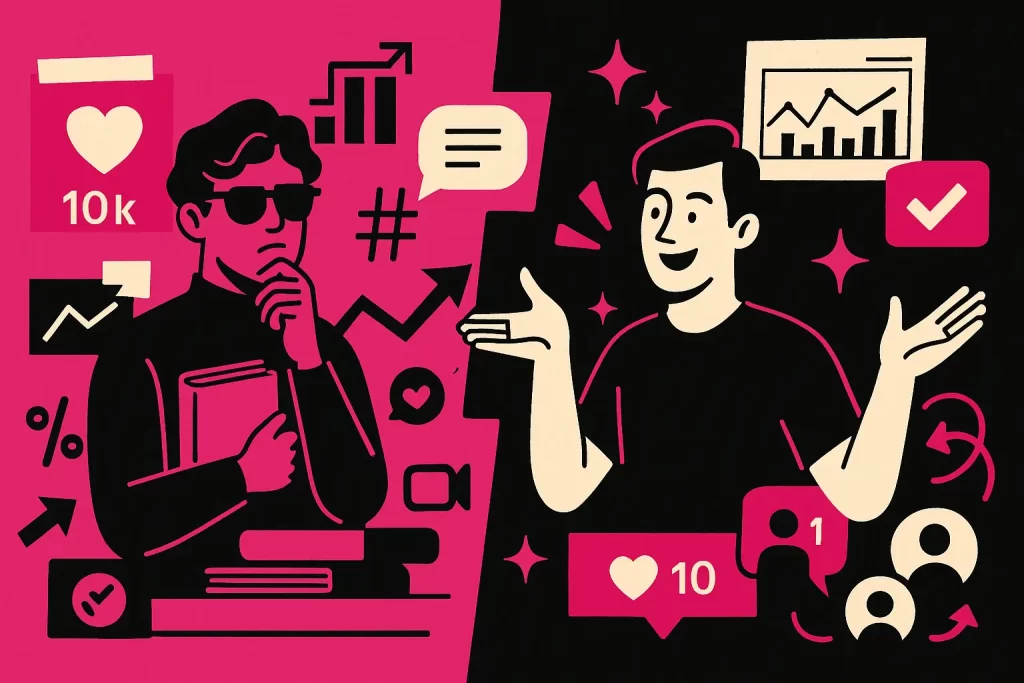 Ilustração de duas abordagens nas redes sociais, contrastando aparência superficial e autoridade genuína, em estilo moderno com as cores da Agência YLT.