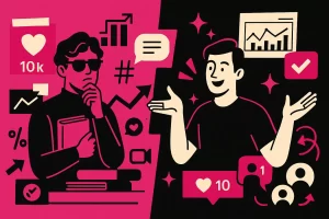 Ilustração de duas abordagens nas redes sociais, contrastando aparência superficial e autoridade genuína, em estilo moderno com as cores da Agência YLT.