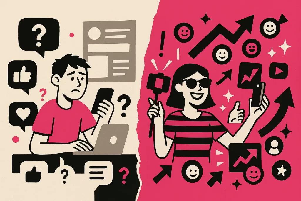 Ilustração de contraste entre seguidor confuso e fã engajado promovendo a marca nas redes sociais