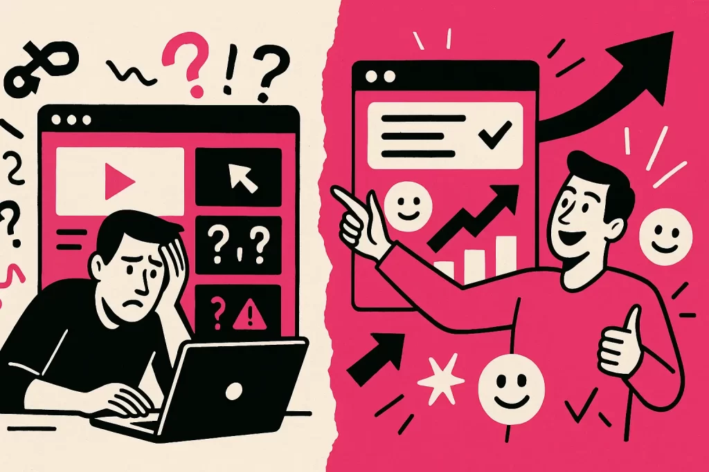 Ilustração mostrando contraste entre site bonito sem conversão e site com bom posicionamento e resultados