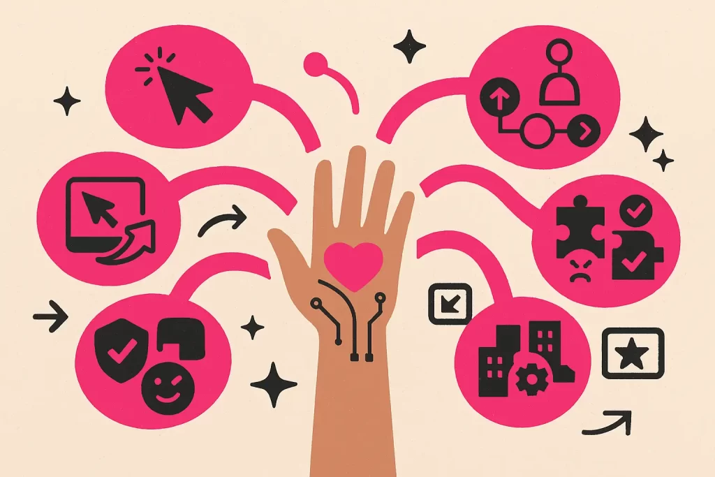 Mão humana com coração no centro conectando cinco cápsulas que simbolizam personalização por intenção, estágio do funil, dor do cliente, ABM leve e IA com guardrails, nas cores #c62075 e preto