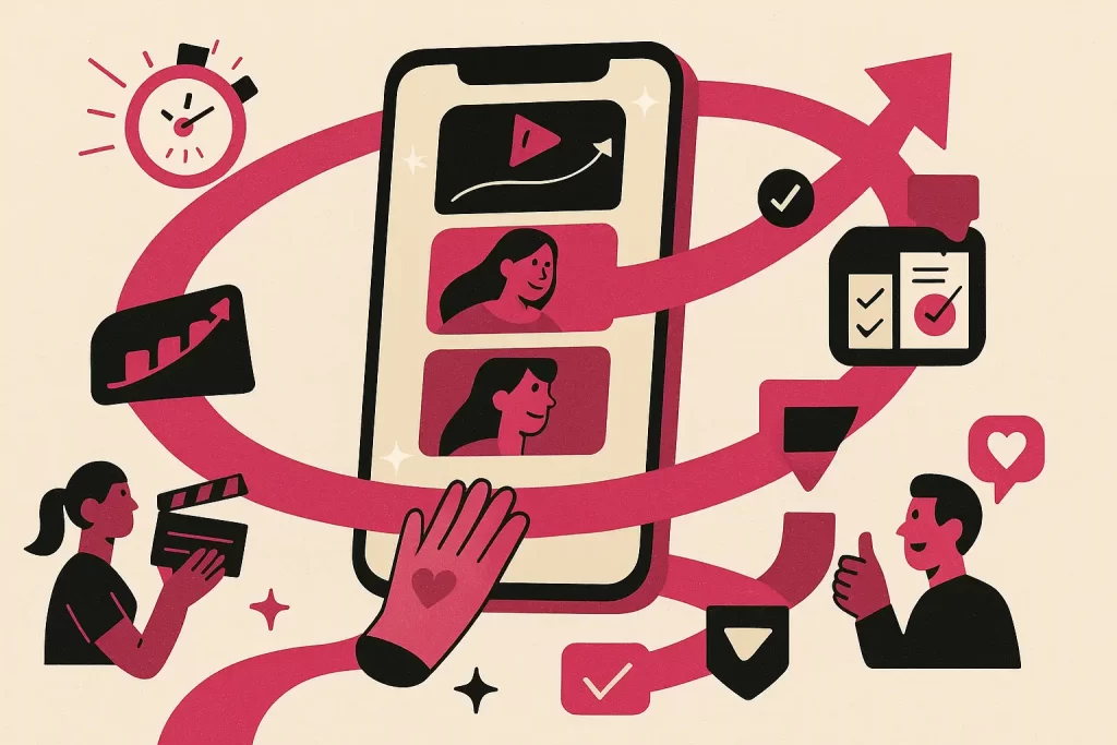 Smartphone central com trilha em espiral mostrando o passo a passo de vídeos curtos que viralizam e convencem, com cronômetro, curva de retenção, checklist, criador gravando e público reagindo; cores #c62075 e preto