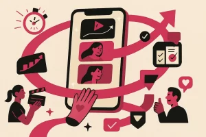 Smartphone central com trilha em espiral mostrando o passo a passo de vídeos curtos que viralizam e convencem, com cronômetro, curva de retenção, checklist, criador gravando e público reagindo; cores #c62075 e preto