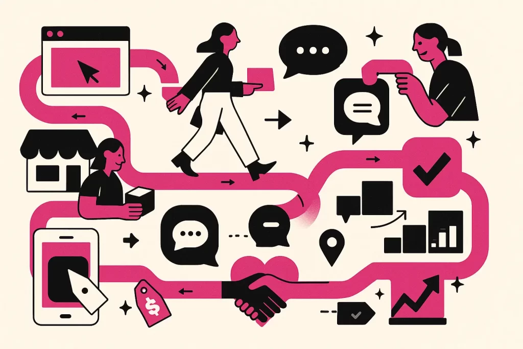 Cliente segue uma fita magenta que conecta site, app, loja, chat e atendimento, com preço consistente, handshake, check e gráficos; conceito omnichannel sem atrito.