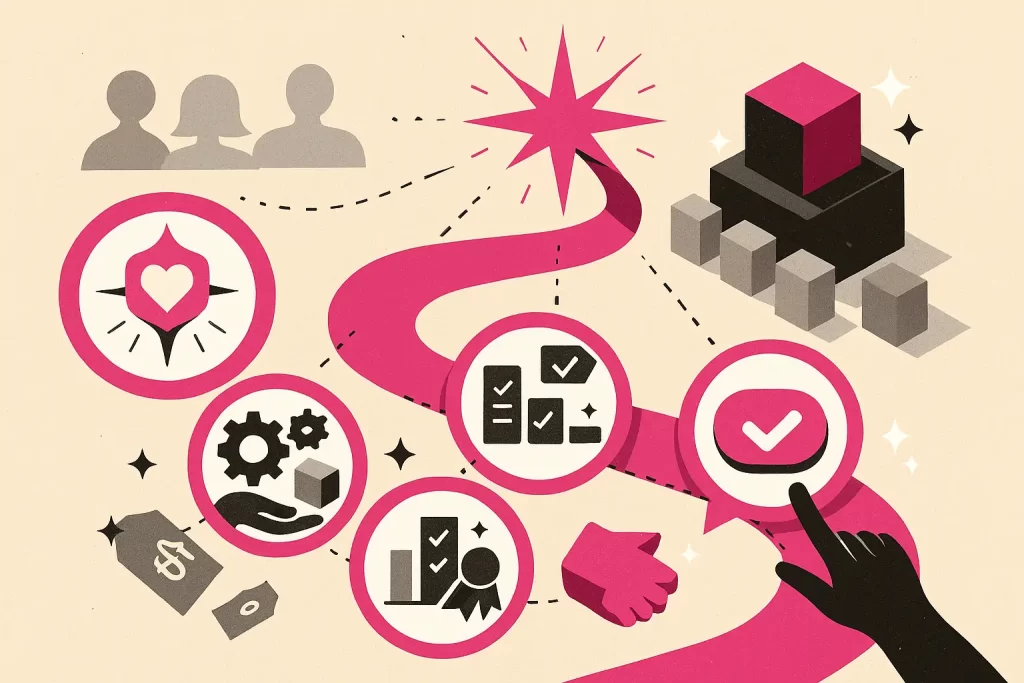 Ilustração de marketing com propósito: estrela-guia, trilha magenta, ícones de valor–prova–ação e um cubo magenta no topo mostrando a marca que se destaca.
