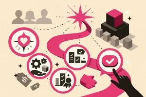 Ilustração de marketing com propósito: estrela-guia, trilha magenta, ícones de valor–prova–ação e um cubo magenta no topo mostrando a marca que se destaca.