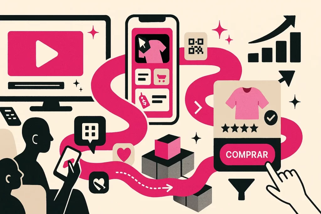Ilustração nas cores #c62075 e preto com TV conectada, smartphone e trilha até botão Comprar, simbolizando shoppable ads e OTT publicitário.