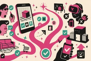 Ilustração de realidade aumentada no marketing com smartphone mostrando cubo 3D, trilha magenta separando o que funciona (check) do que é hype (X), try-on de maquiagem, sofá em AR, QR code e loja física integrados ao funil.