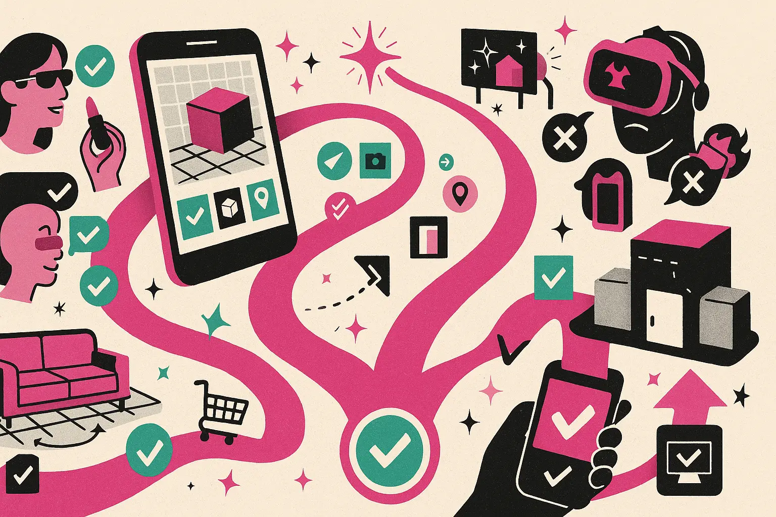 Ilustração de realidade aumentada no marketing com smartphone mostrando cubo 3D, trilha magenta separando o que funciona (check) do que é hype (X), try-on de maquiagem, sofá em AR, QR code e loja física integrados ao funil.