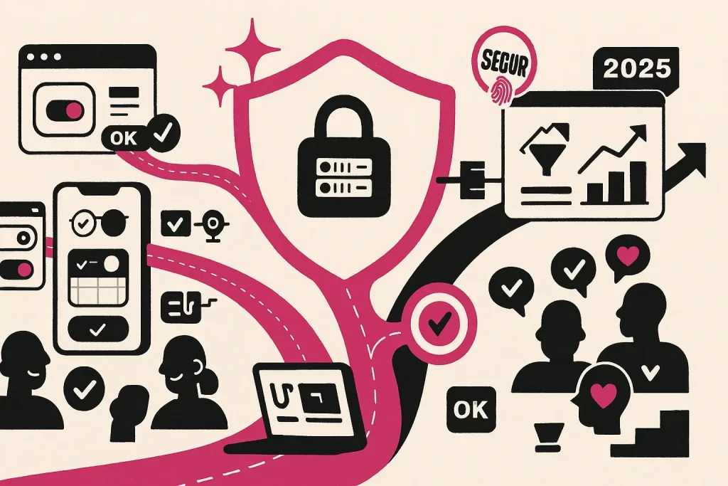 Escudo com cadeado ao centro e fluxos de dados conectando web e mobile; checkmarks de consentimento e dashboard 2025 com gráfico de crescimento.